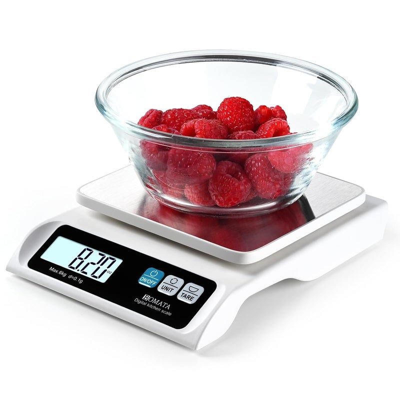 BOMATA 0.1g/ 13lb Food Scale, Digital Kitchen Scale with Removable Stainless Steel Pan, Backlit LCD Display, for Cooking, Baking B621 White - Image 1